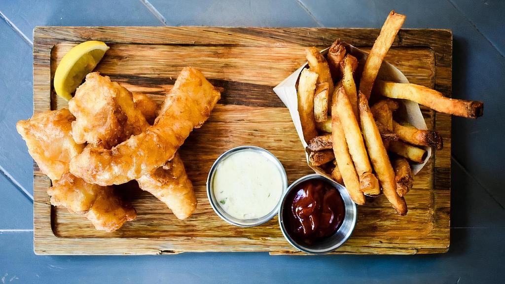 Chips And Fish · Wild Alaskan cod, farmhouse saison beer batter, home made beer salt, tartar sauce, served with crispy fries