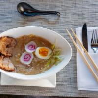 Tonkotsu Ramen · Ramen noodles served in a pork based broth, tender cha shu, lava egg, bamboo shoots, fish ca...