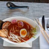 Spicy Miso Ramen · Pork stock with miso and spicy flavors. Ramen noodles with  tender cha shu, lava egg, bamboo...