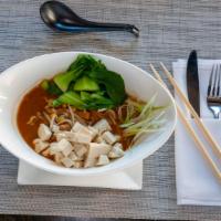 Vegetarian Ramen · Vegetarian broth, tofu, spinach, mushrooms, bamboo shoots, corn, nori. Kale noodles.