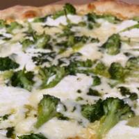 Bianca Pizza · Round white pizza topped with Ricotta, broccoli florets, garlic & pesto.