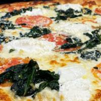 Italian Flag Pizza · Round pizza topped with mozzarella, Ricotta, sautéed spinach, plum tomatoes & garlic.