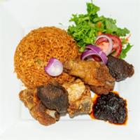 Waakye · With stew, served with choice of fish, meat or chicken or a mixture of all three options