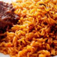 Half Jollof Half Fried Rice · mixture of two rice served with stew and three proteins options or mixture of all