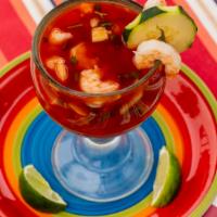 Shrimp Cocktail · Shrimp served in tasty broth with chunks of onion, cucumber, avocado, tomatoes, cilantro and...