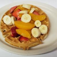 Tropical Waffle With Banana, Strawberries & Peaches · 