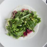 Beet Salad · cardamom yogurt, preserved lemon, arugula, hazelnuts. Add roasted chicken or seared salmon f...