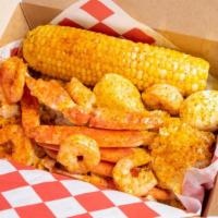 Broil · 1 crab cluster, 1/4 lb of jumbo shrimp, 1 full ear of corn, and roasted potatoes.