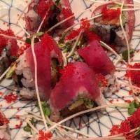 Cherry Blossom Roll · Salmon, avocado, tobiko, ginger, shiso and kaiware topped with fresh tuna