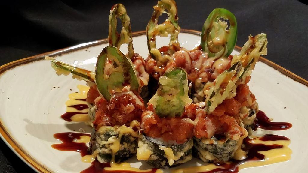 Crispy Crown Roll · *rice less*
Salmon, crabmeat, avocado deep-fried roll. Topped with spicy tuna and fried fresh jalapeno. Spicy mayo, eel sauce