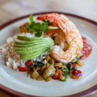 Shrimp De Campeche · sautéed colossal jumbo shrimp, habanero sauce, rajas peppers, garlic, rice, avocado slices