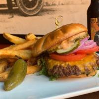 Atwater Pub Burger W/ Chips · 1/4lb Beef Burger on Brioche with Lettuce, Tomato, Onion, Pickles, American Cheese, and IPA ...