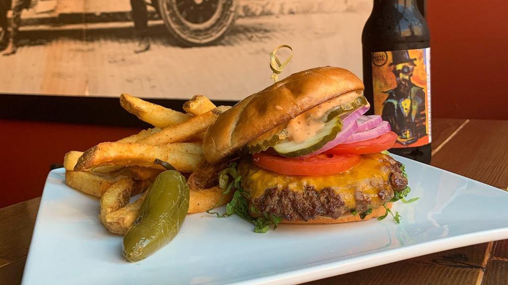 Atwater Pub Burger W/ Chips · 1/4lb Beef Burger on Brioche with Lettuce, Tomato, Onion, Pickles, American Cheese, and IPA Pub Sauce served with Fries.