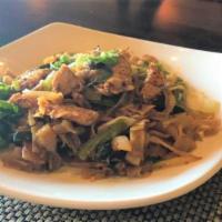 Pad Kee Mow With Chicken ( Drunken Noodle) · Stir-fried flat rice noodles  with bell peppers, carrots, scallions and sweet spicy basil sa...