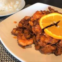 Orange Chicken · Deep fried breaded chicken and topped with sweet sauce.