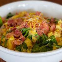 Hop Scramble · Smoked bacon, diced tomato, red onion, spinach, shredded cheese, sour cream