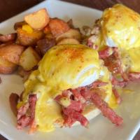 Corned Beef Benedict · Shredded corned beef, caramelized onion, poached eggs, English muffin, hollandaise, whole gr...