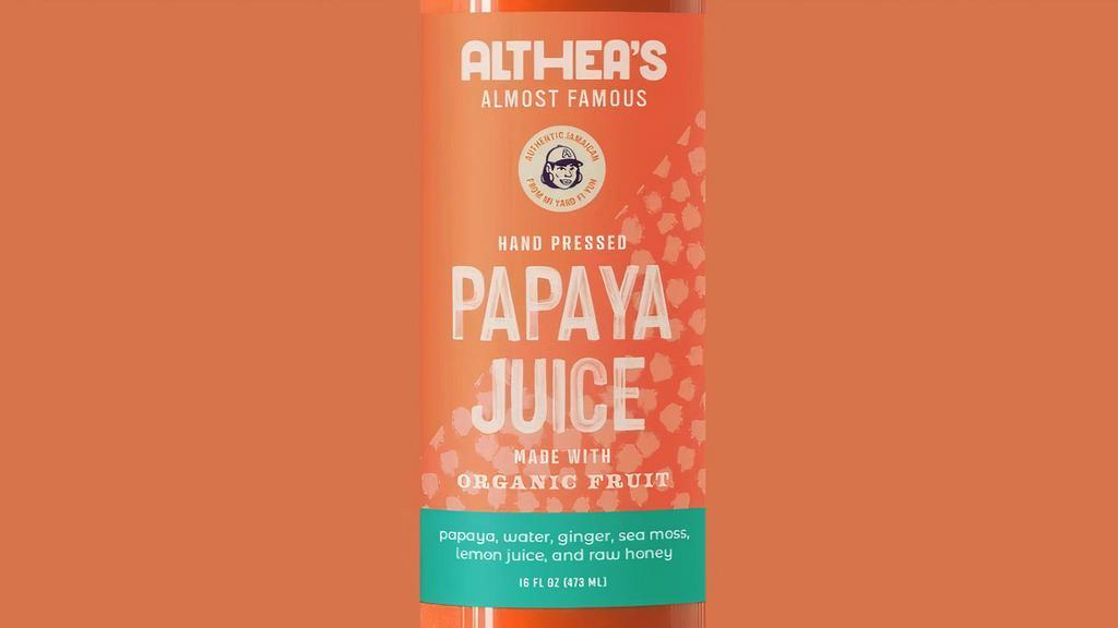 Papaya Juice · Made with organic papaya, ginger, lemon, raw honey, and sea moss. The papaya is a tropical fruit high in vitamins C and A, as well as fiber and healthy plant compounds. Papaya juice is full of vitamins and nutrients, including vitamin C, folate, vitamin A, beta-carotene, vitamin E, vitamin K, B vitamins, magnesium, potassium, calcium, phosphorus, iron, and manganese.
16oz bottle or a gallon.
Hand-pressed.
BPA Free.