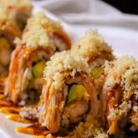 Shaggy Dog · Shrimp tempura, avocado, topped with crab meat and spicy mayo, eel sauce and crunchy.