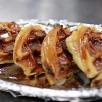 Organic Cinnamon Roll Waffles · Served with raw honey or agave. 330 cal. 12g. Fat. 52g.carbs. 4g protein.