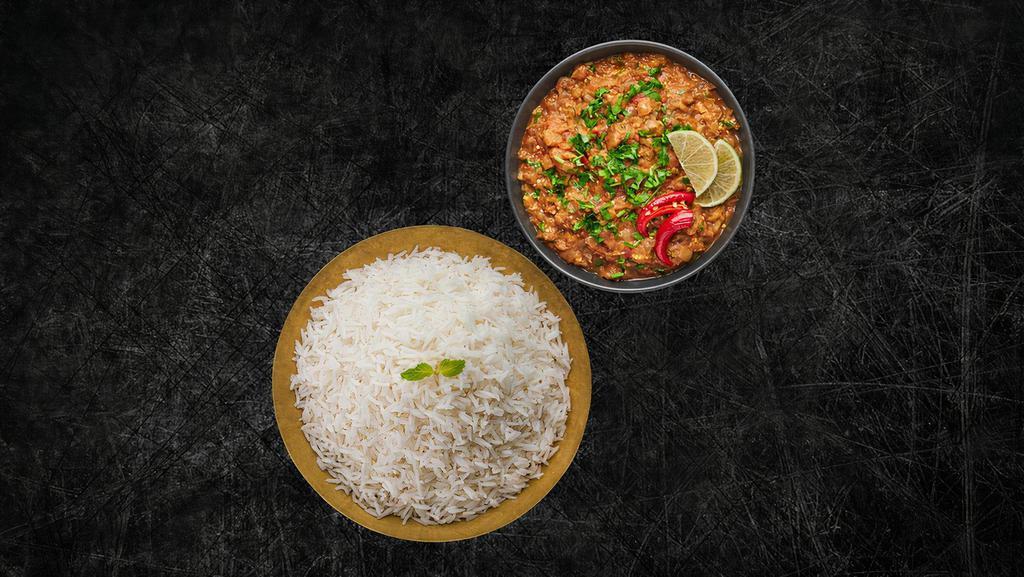 Basmati Rice (Vegan) & Smoked Eggplant Masala (Vegan) · Our long grain aromatic basmati rice, steamed to perfection along with Spit fire roasted eggplant slow cooked to with ginger, garlic, onions, green chilis, finished with coriander and served with a side of our long grain basmati rice