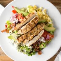 A.T. Cobb · Fresh greens topped with hardboiled eggs, avocado, tomatoes, grilled chicken, red onions, ba...