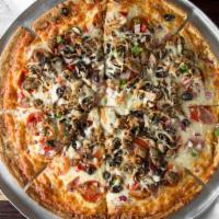 El Supremo (10”) · Pepperoni, Canadian bacon, sausage, red and green bell peppers, mushrooms, onions, black oli...