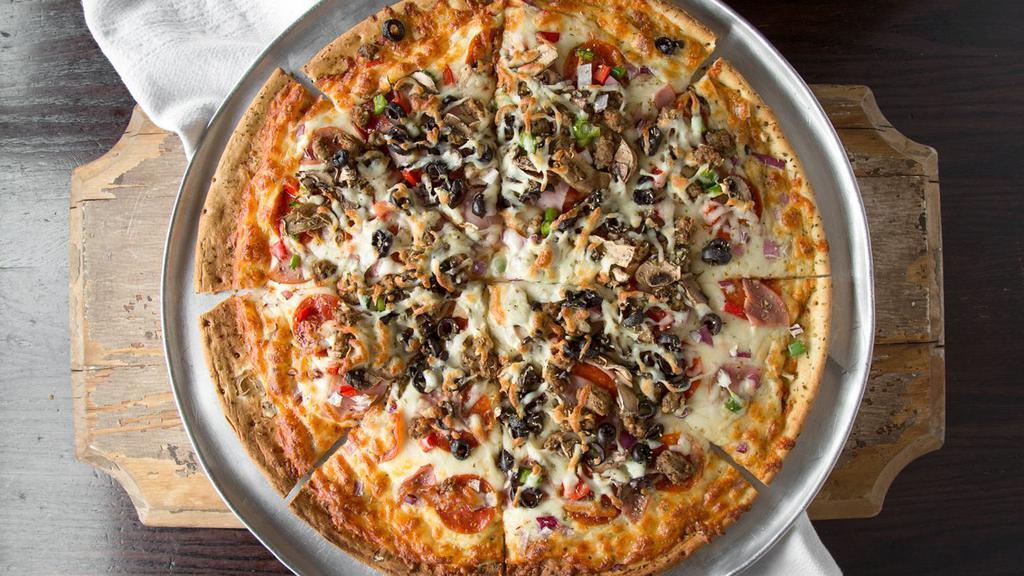 El Supremo (10”) · Pepperoni, Canadian bacon, sausage, red and green bell peppers, mushrooms, onions, black olives and our house blend cheese.