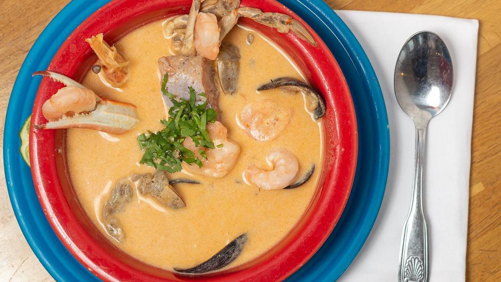 Sopa De Mariscos · Seafood soup with fish, mussels, scallops, and shrimp.