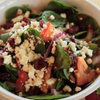 Signature Spinach Salad · Chicken, veggie patty or avocado, spinach, almonds, onions, dried cranberries, feta cheese, ...