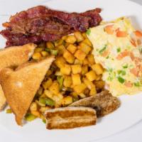 Omelette · w/ homefries, toast, bacon or sausage.