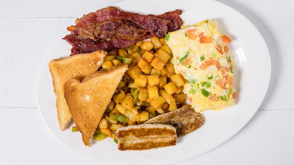 Omelette · w/ homefries, toast, bacon or sausage.