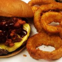 Rodeo Burger · With Bbq sauce, bacon, American cheese and onion rings.
