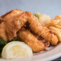 Fish And Chips Dinner · 3 pieces of beer battered atlantic cod. Comes with choice of starch, vegetable of the day, g...