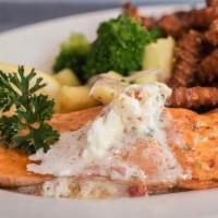 Broiled Atlantic Salmon · Fresh cut salmon broiled and lightly seasoned with a lemon parsley butter. Comes with choice...
