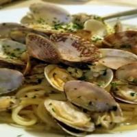 Spaghettini Vongole · Fresh native baby clams, DOP olive oil, garlic, parsley, peperoncino and imported De Cecco s...