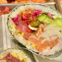Chunky Sumo* · Raw salmon, spicy yellowfin tuna, surimi crab, avocado, cucumber, pickled red cabbage, Japan...