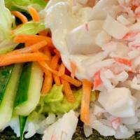 The Crabby Roll · Surimi crab, romaine lettuce, avocado, cucumber, carrots, cream cheese & spicy teriyaki.