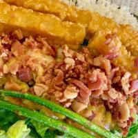 Hawaiian Shrimpy Bacon · Tempura shrimp, bacon, romaine lettuce, cucumber, pico de gallo, green onions & pineapple sw...
