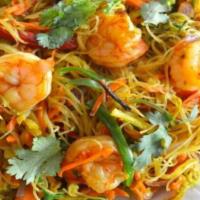 Singapore Mai Fun · Spicy. Thin rice noodle pan stir fried with curry, five flavor seasoning, shredded vegetable...