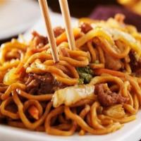 Beef Lo Mein · Beef Lo Mein is sauteed beef and shredded vegetables tossed with egg noodles in a savory sauce
