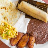 Desayuno Mi Casa · A Salvadorian tamale, with refried plantain's, one pupusas served with sour cream, and beans.