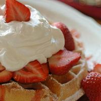 Fresh Strawberry Waffle · Golden brown waffle topped with powdered sugar, fresh sliced strawberries, and real whipped ...