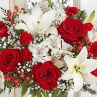 Field Of Europe Bliss · All-around arrangement with red roses, carnations and mini carnations; white Asiatic lilies ...