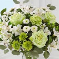 Green Serene Bouquet · All-around arrangement with green roses, lime green carnations, white Peruvian lilies (alstr...