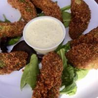 Avocado Fries · Slivers of fresh avocado fried in panko bread crumbs and dusted in paprika
