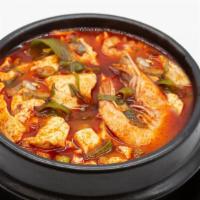 Seafood Soon Doo Boo Jjigae · Spicy Soft tofu stew with mixed seafood and vegetables. Served with side dishes and rice.