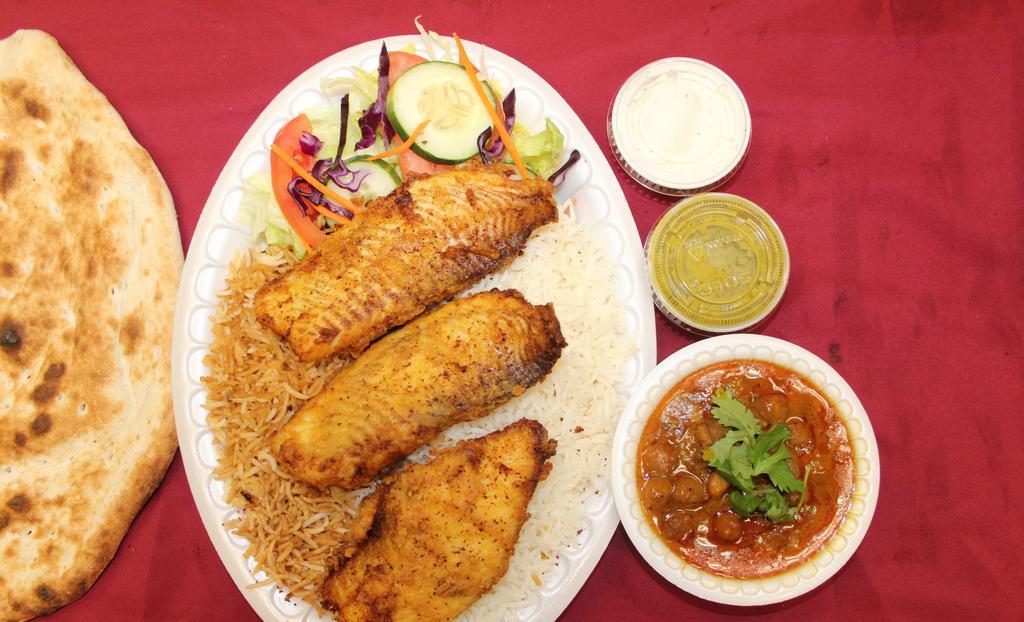 Fried Fish Platter · Comes with basmati rice, salad and fresh tandoori bread.