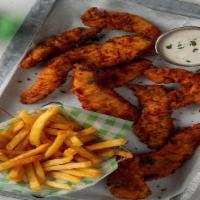Chicken Strip With Fries · Crispy breaded chicken strips served with a side of French fries and a side of ranch.