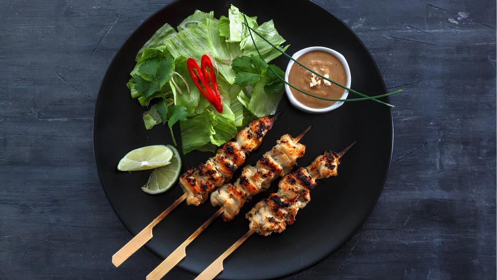Chicken Satay · Grilled chicken or skewer served with spicy red curry peanut butter sauce.
